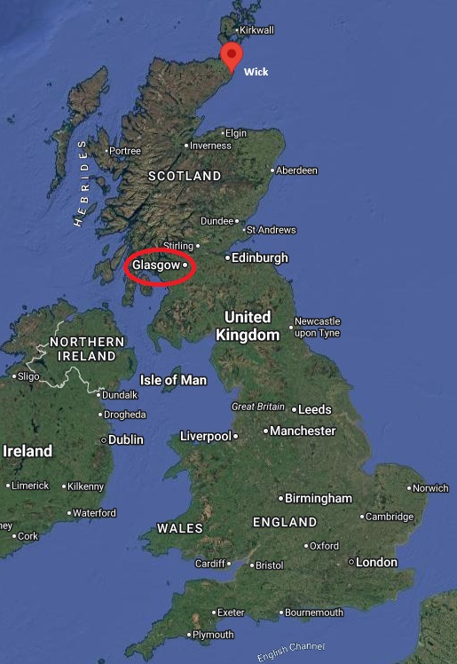 Map of the UK showing Wick in the north east of Scotland and Glasgow in the south west